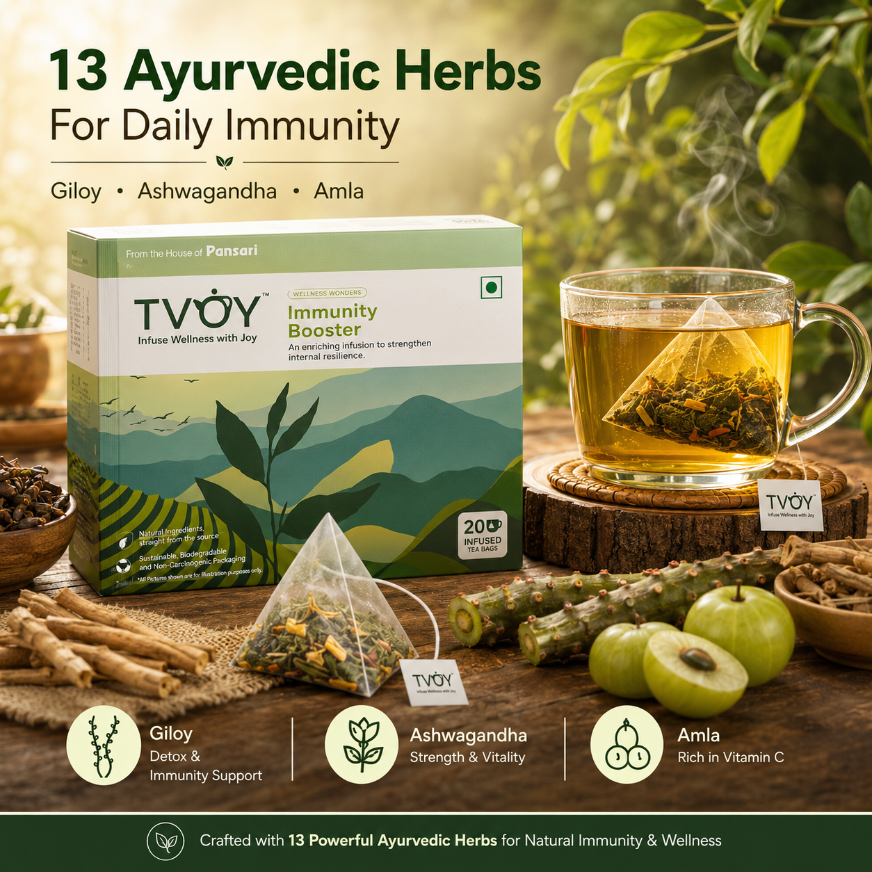 TVOY Immunity Booster Green Tea with a freshly brewed cup showing rich natural colour