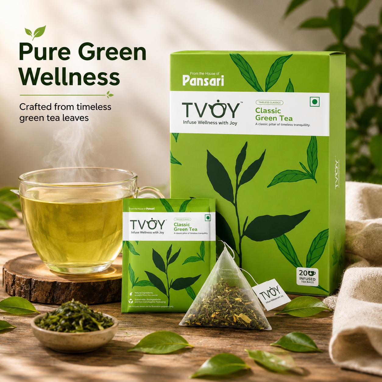TVOY 100% Pure Green Tea for Weight Loss & Antioxidants | Single Ingredient, No Additives | 20 Biodegradable Pyramid Tea Bags | No Plastic