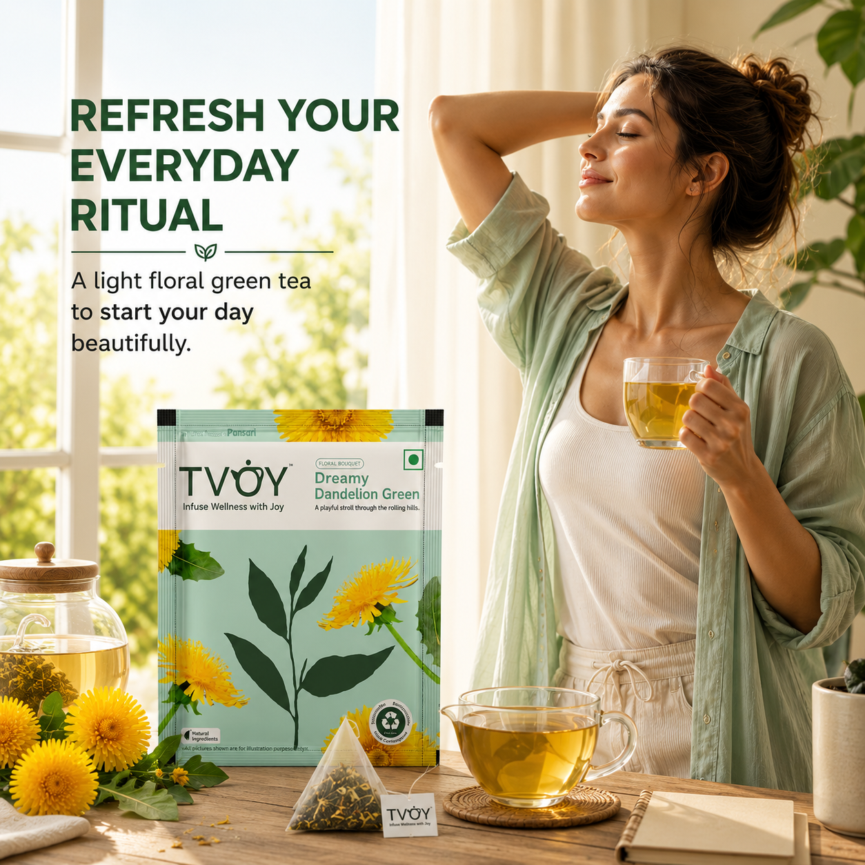 TVOY Liver Detox Tea with Dandelion Root, Milk Thistle & 12 Herbs | Body Cleanse | 20 Biodegradable Pyramid Tea Bags | No Plastic