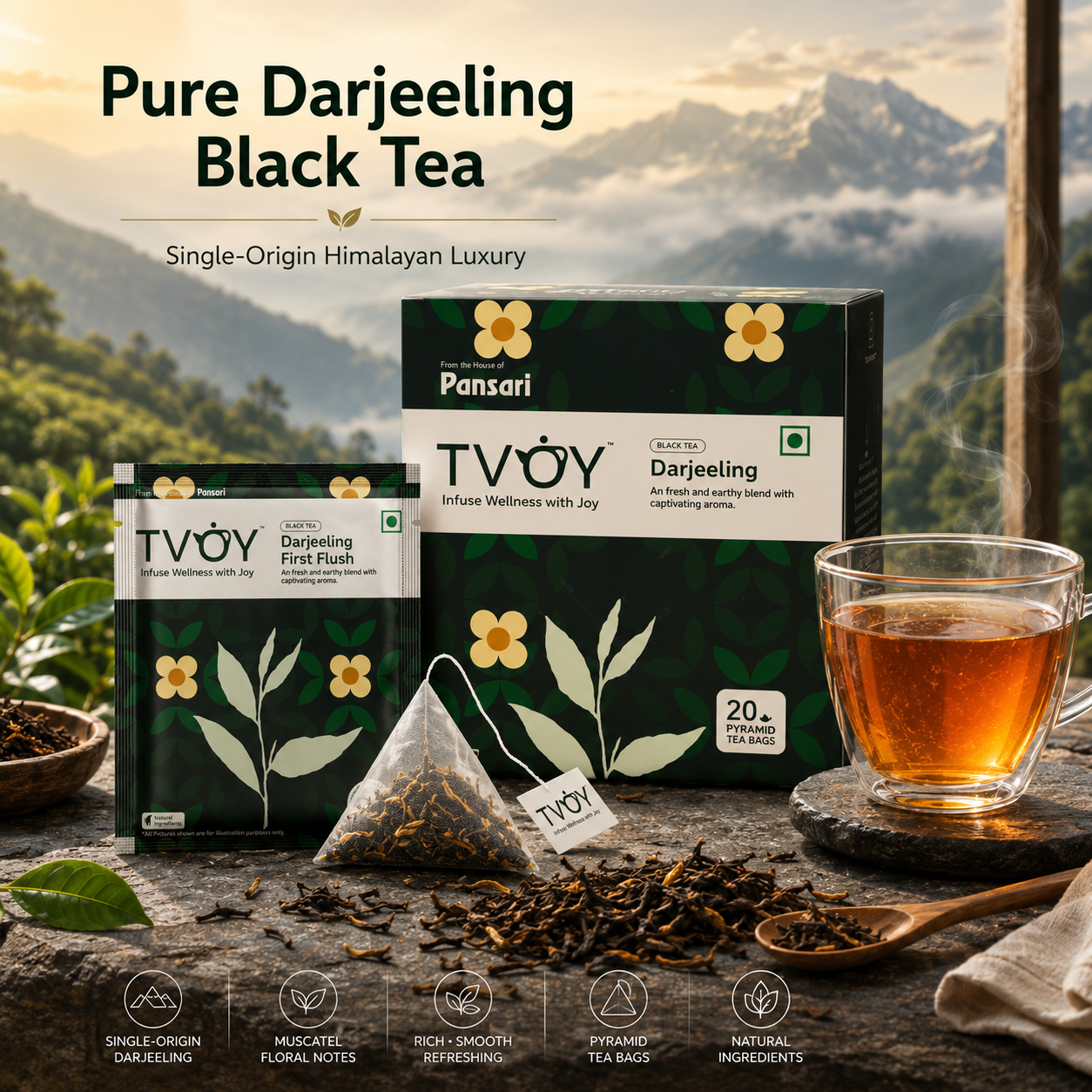 TVOY Darjeeling Black Tea pack of 20 biodegradable pyramid tea bags for champagne of teas with muscatel notes