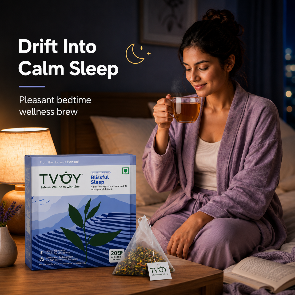 TVOY Herbal Sleep Tea with Chamomile, Rose & Nettle | Caffeine Free | 5 Calming Herbs | 20 Biodegradable Pyramid Tea Bags | No Plastic