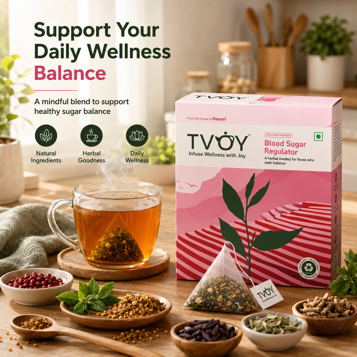 TVOY Blood Sugar Support Tea with Karela, Ginseng & Brahmi | 9 Ayurvedic Herbs | Naturally Sweetened with Stevia | 20 Biodegradable Pyramid Tea Bags | No Plastic