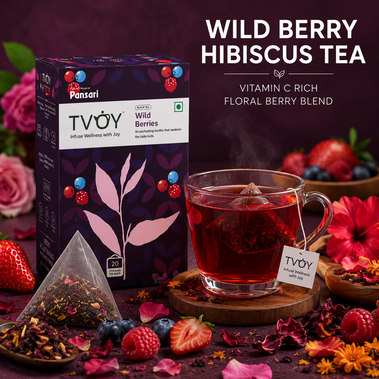 TVOY Wild Berry Hibiscus Tea pack of 20 biodegradable pyramid tea bags for vitamin C rich hot or iced tea