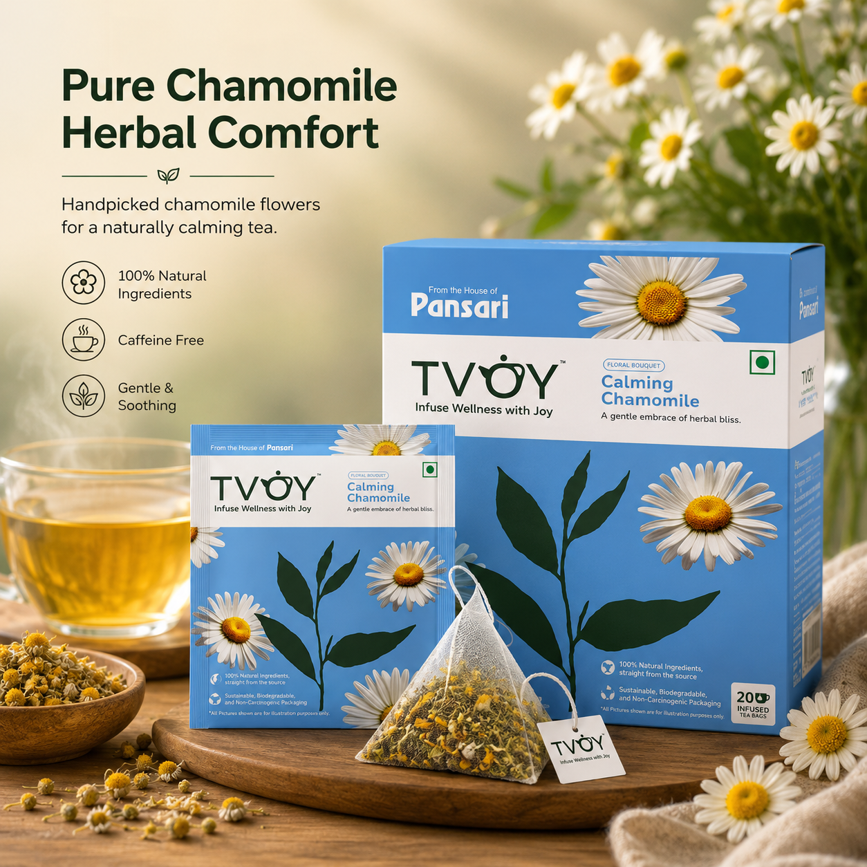 TVOY Pure Chamomile Tea for Sleep & Anxiety Relief | 100% Chamomile Flower | Caffeine Free | 20 Biodegradable Pyramid Tea Bags | No Plastic