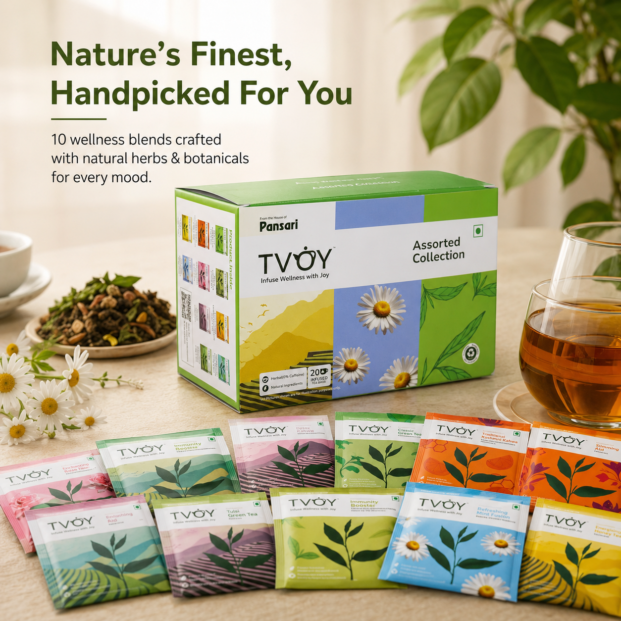 TVOY Wellness Tea Gift Box box front view — premium pyramid tea bags for 10 flavors assorted tea sampler for gifting