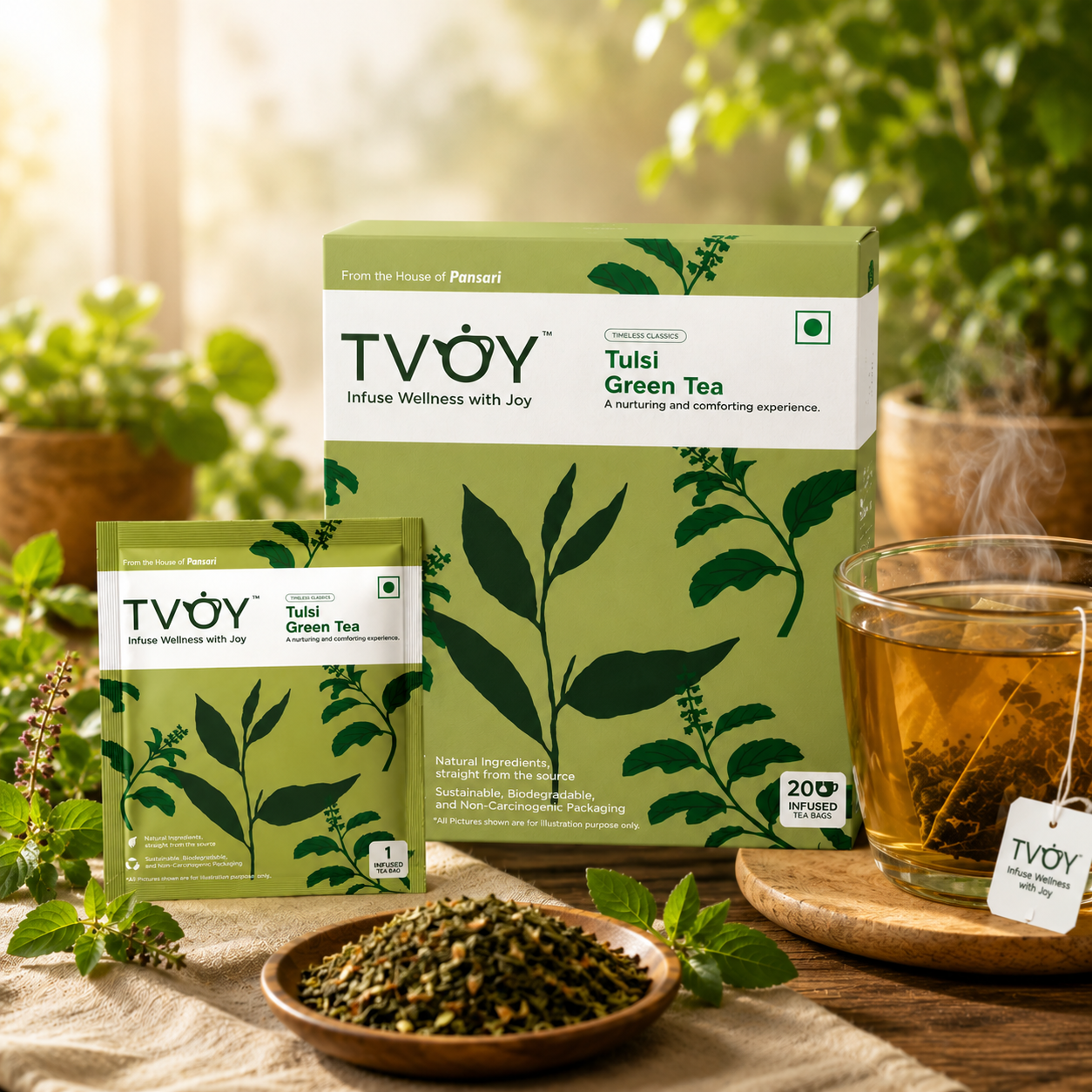 TVOY Organic Tulsi Green Tea | Immunity & Stress Relief | 20 Biodegradable Pyramid Tea Bags | No Plastic