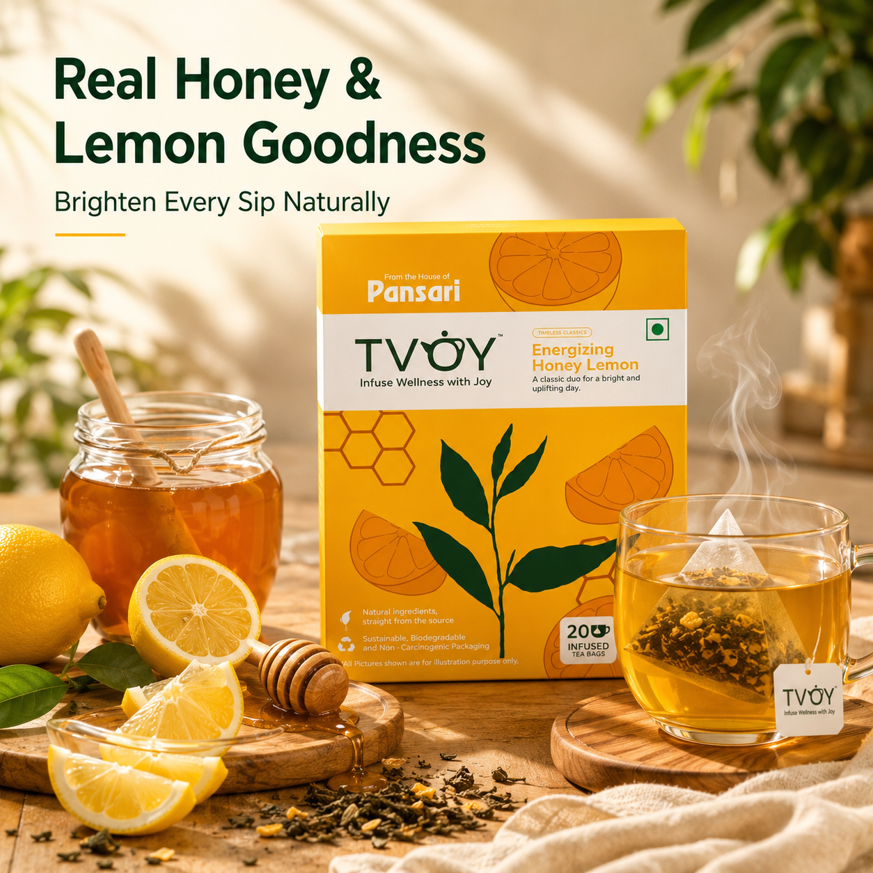 TVOY Honey Lemon Green Tea biodegradable pyramid tea bag close-up — plastic free and eco friendly