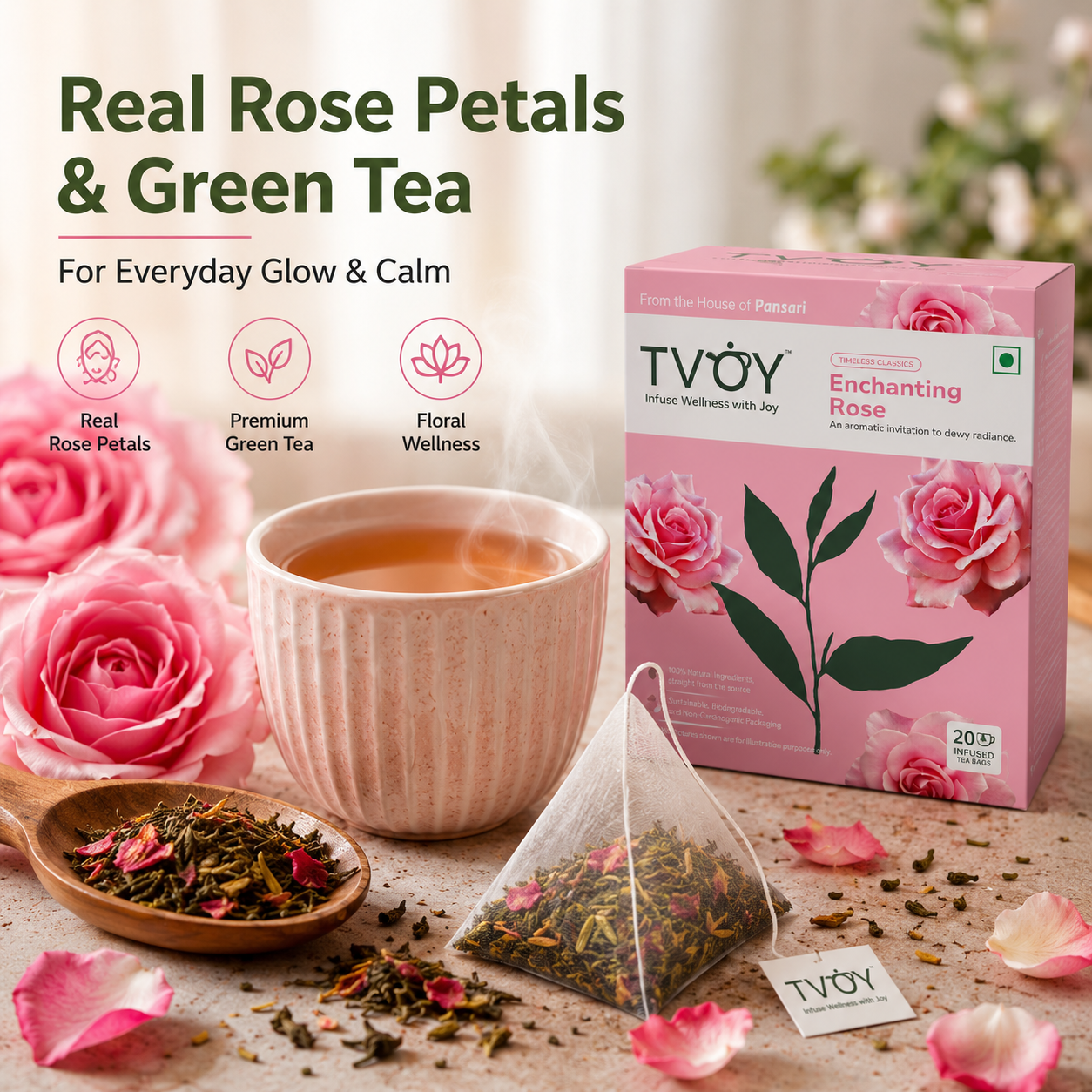 TVOY Rose Green Tea for Skin Glow & Stress Relief | Real Rose Petals | 20 Biodegradable Pyramid Tea Bags | No Plastic