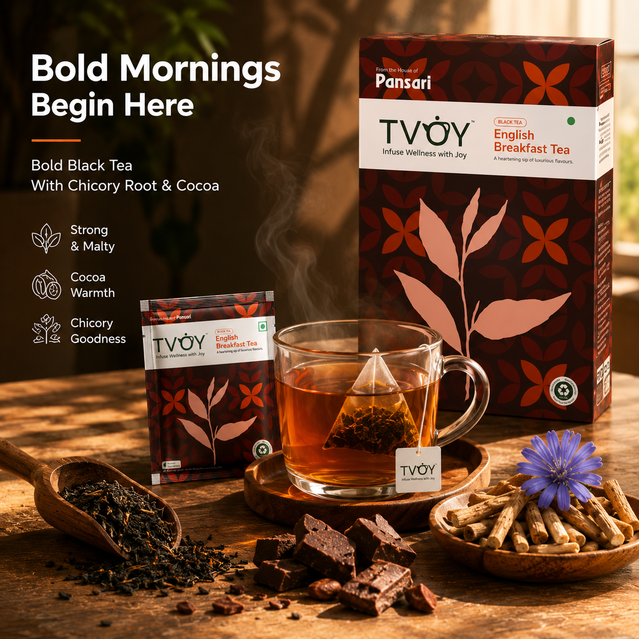 TVOY English Breakfast Black Tea pack of 20 biodegradable pyramid tea bags for bold morning tea with chicory and cocoa