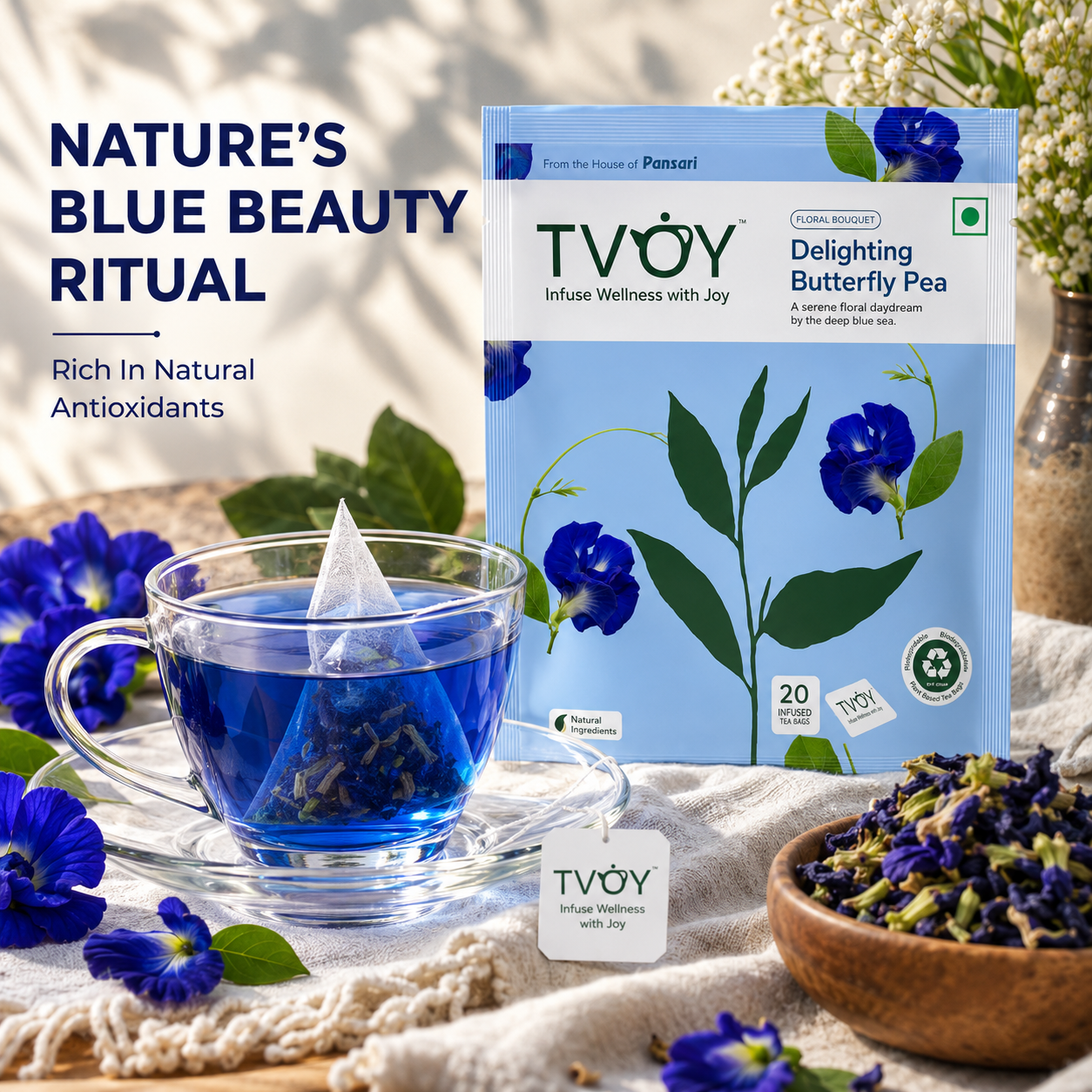 TVOY Butterfly Pea Blue Green Tea for Skin Glow & Hair Growth | Colour Changing | Caffeine Free | 20 Biodegradable Pyramid Tea Bags | No Plastic