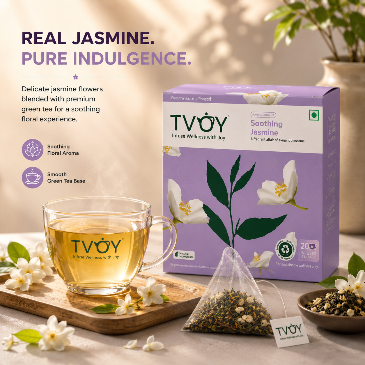 TVOY Jasmine Green Tea for Skin Glow & Stress Relief | Real Jasmine Flowers | 20 Biodegradable Pyramid Tea Bags | No Plastic