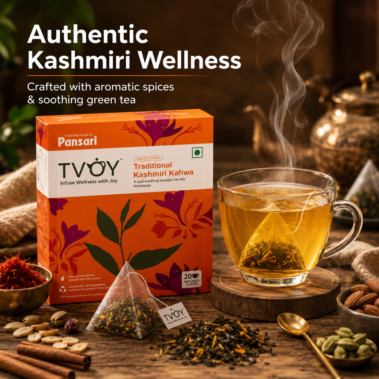 TVOY Kashmiri Kahwa Green Tea with Kesar & 12 Spices | Immunity & Warmth | 20 Biodegradable Pyramid Tea Bags | No Plastic