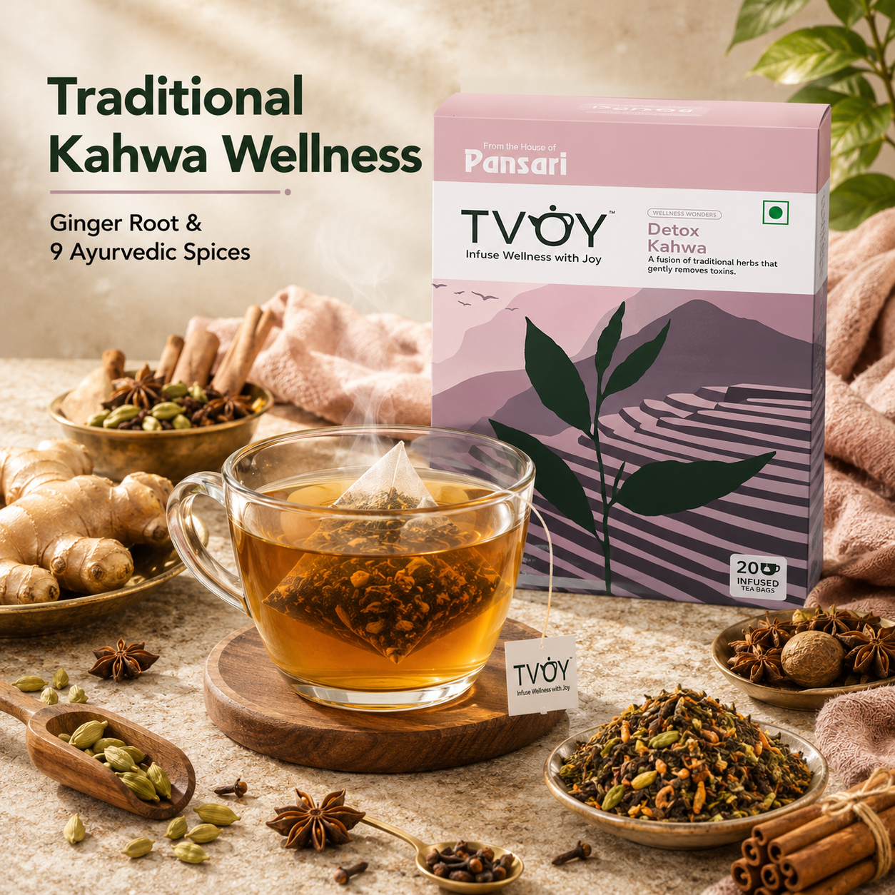 TVOY Detox Kahwa Green Tea | Desi Kadha with Hing, Ginger Root & 9 Spices | 20 Biodegradable Pyramid Tea Bags | No Plastic
