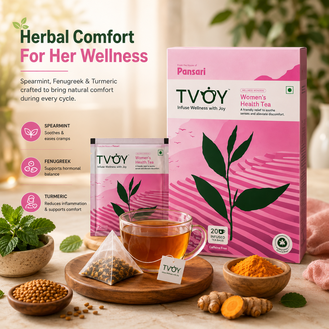 TVOY Period and Hormonal Balance Tea box front view — premium pyramid tea bags for PCOS, cramps and PMS relief