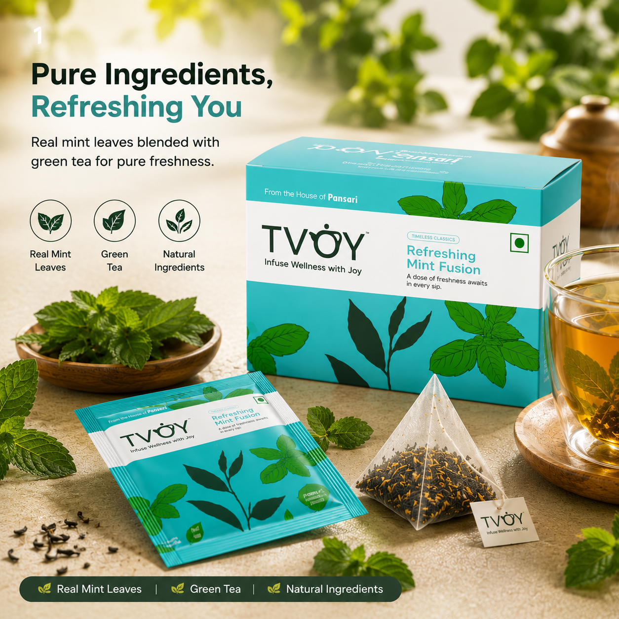 TVOY Mint Green Tea with Spearmint & Peppermint | Digestion & Fresh Breath | 20 Biodegradable Pyramid Tea Bags | No Plastic