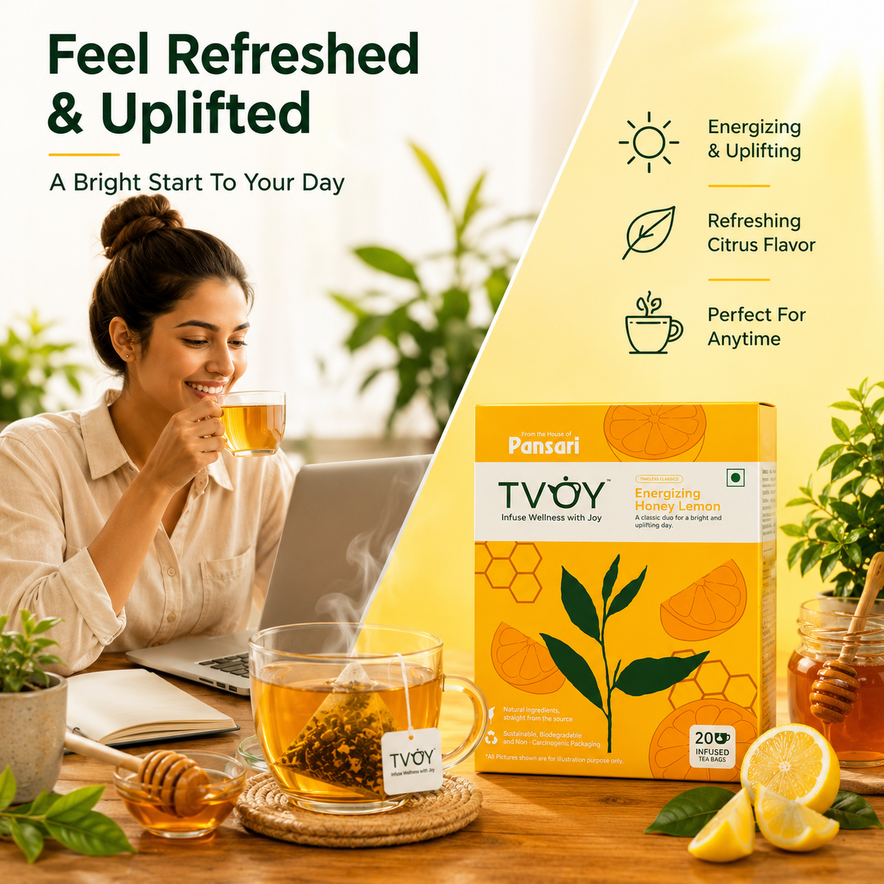 TVOY Honey Lemon Green Tea box front view — premium pyramid tea bags for weight loss and energy