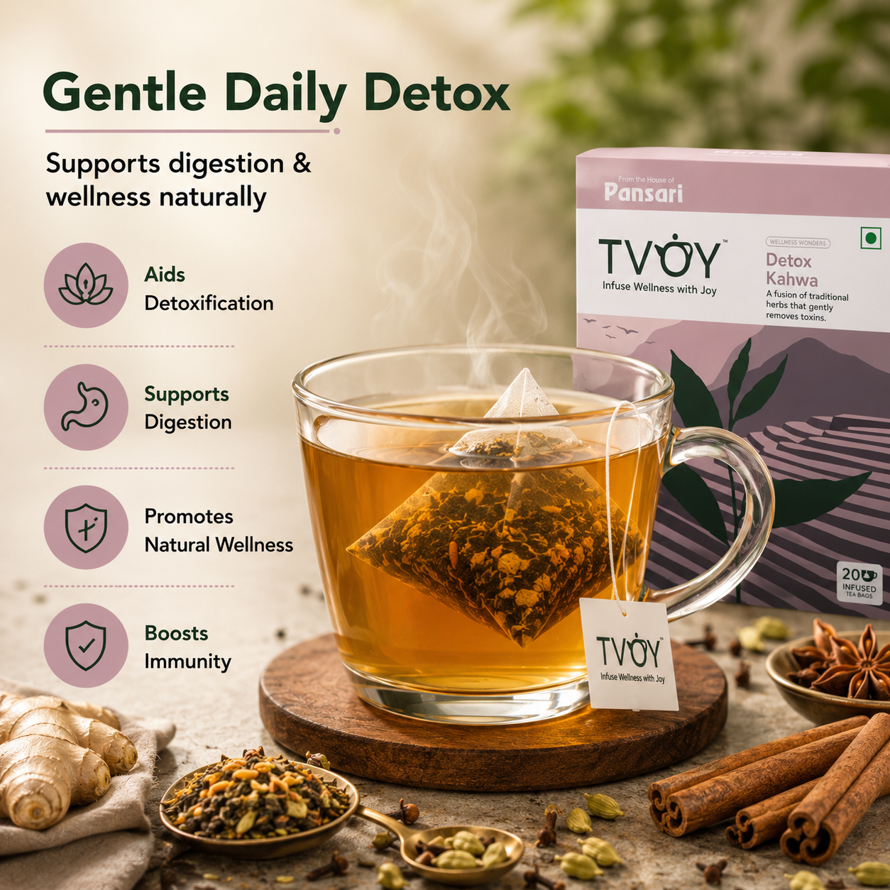 TVOY Detox Kahwa Green Tea with a freshly brewed cup showing rich natural colour