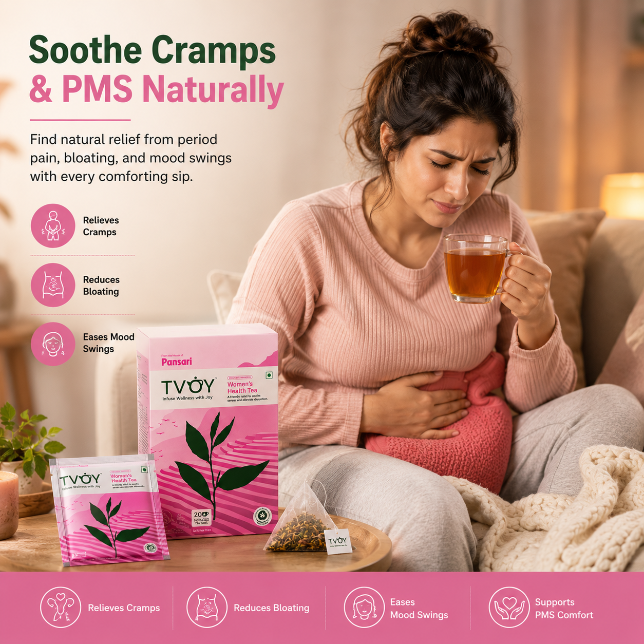 TVOY Period & Hormonal Balance Tea for PCOS, Cramps & PMS | Spearmint, Fenugreek & Turmeric | 8 Herbs | Caffeine Free | 20 Biodegradable Pyramid Tea Bags | No Plastic