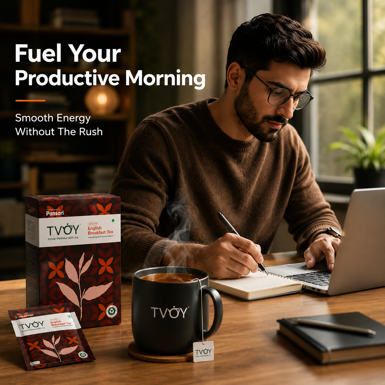 TVOY English Breakfast Black Tea box front view — premium pyramid tea bags for bold morning tea with chicory and cocoa