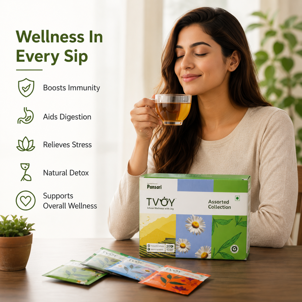 TVOY Wellness Tea Gift Box with a freshly brewed cup showing rich natural colour