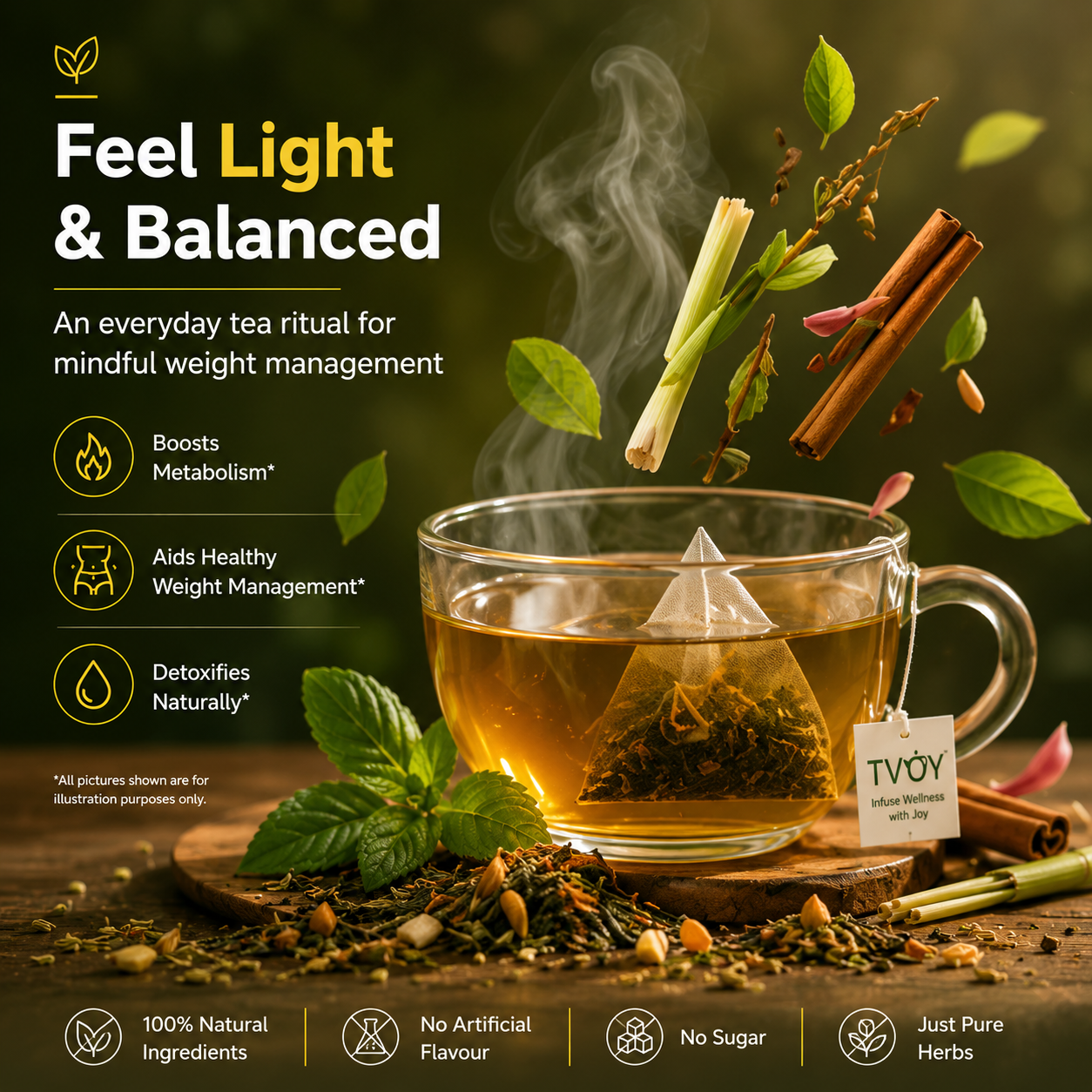 TVOY Slimming Herbal Tea with a freshly brewed cup showing rich natural colour