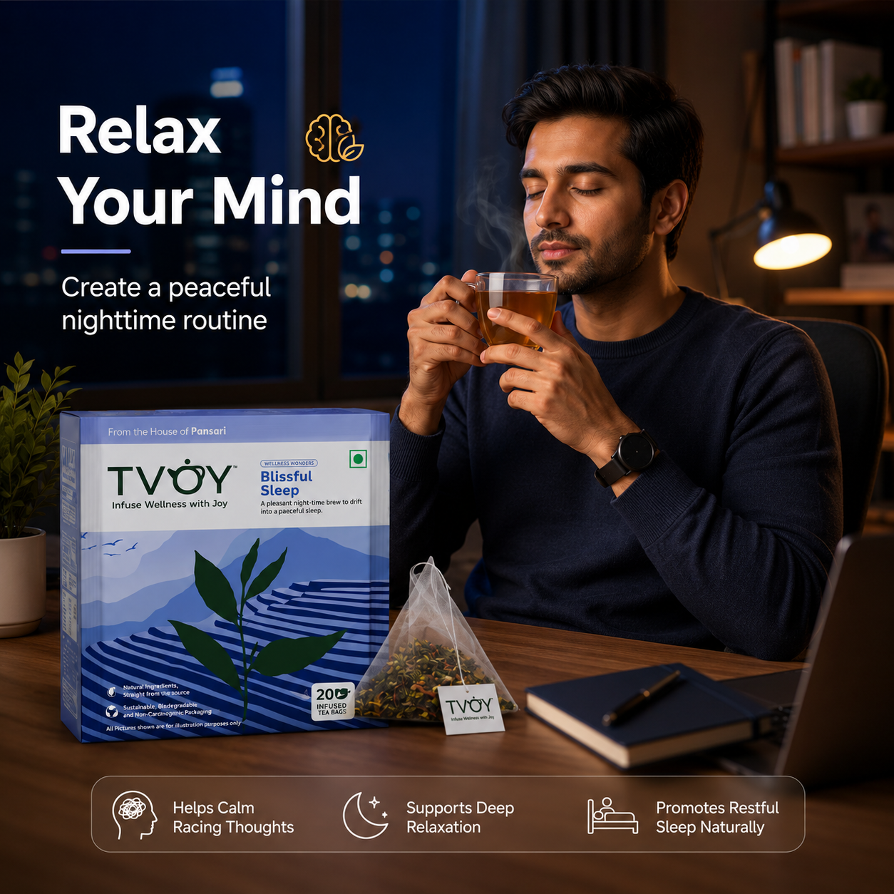 TVOY Herbal Sleep Tea with a freshly brewed cup showing rich natural colour