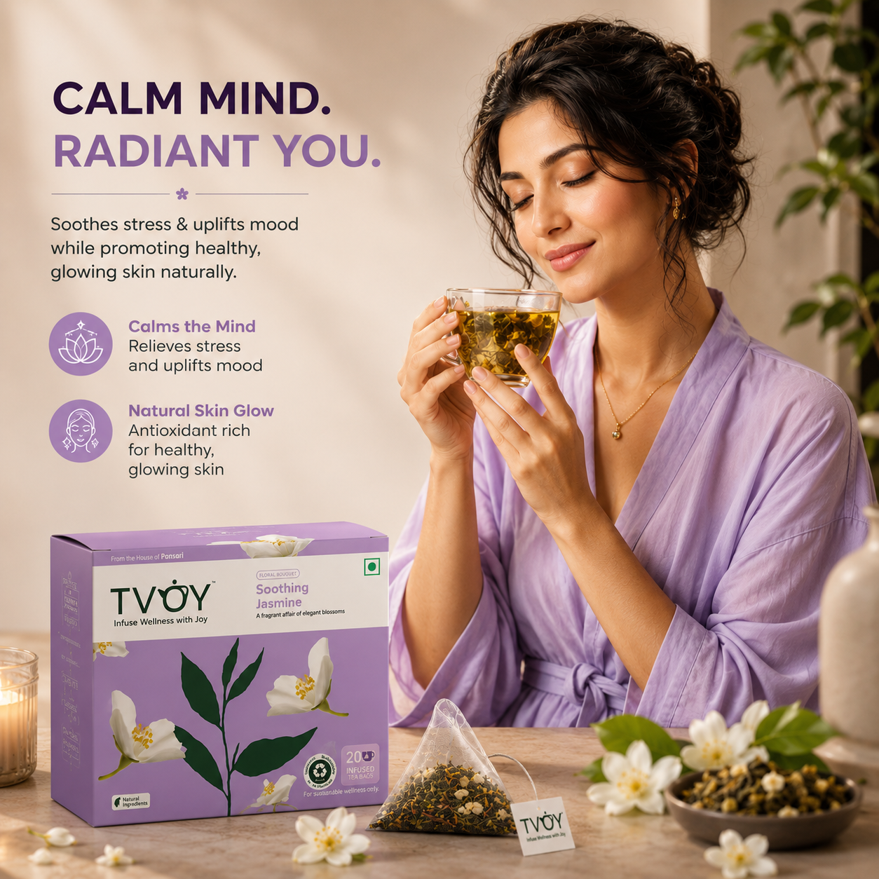 TVOY Jasmine Green Tea box front view — premium pyramid tea bags for skin glow and stress relief