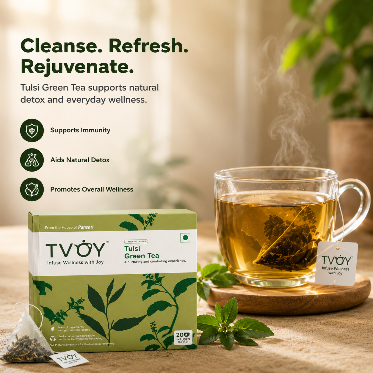 TVOY Tulsi Green Tea box front view — premium pyramid tea bags for immunity and stress relief