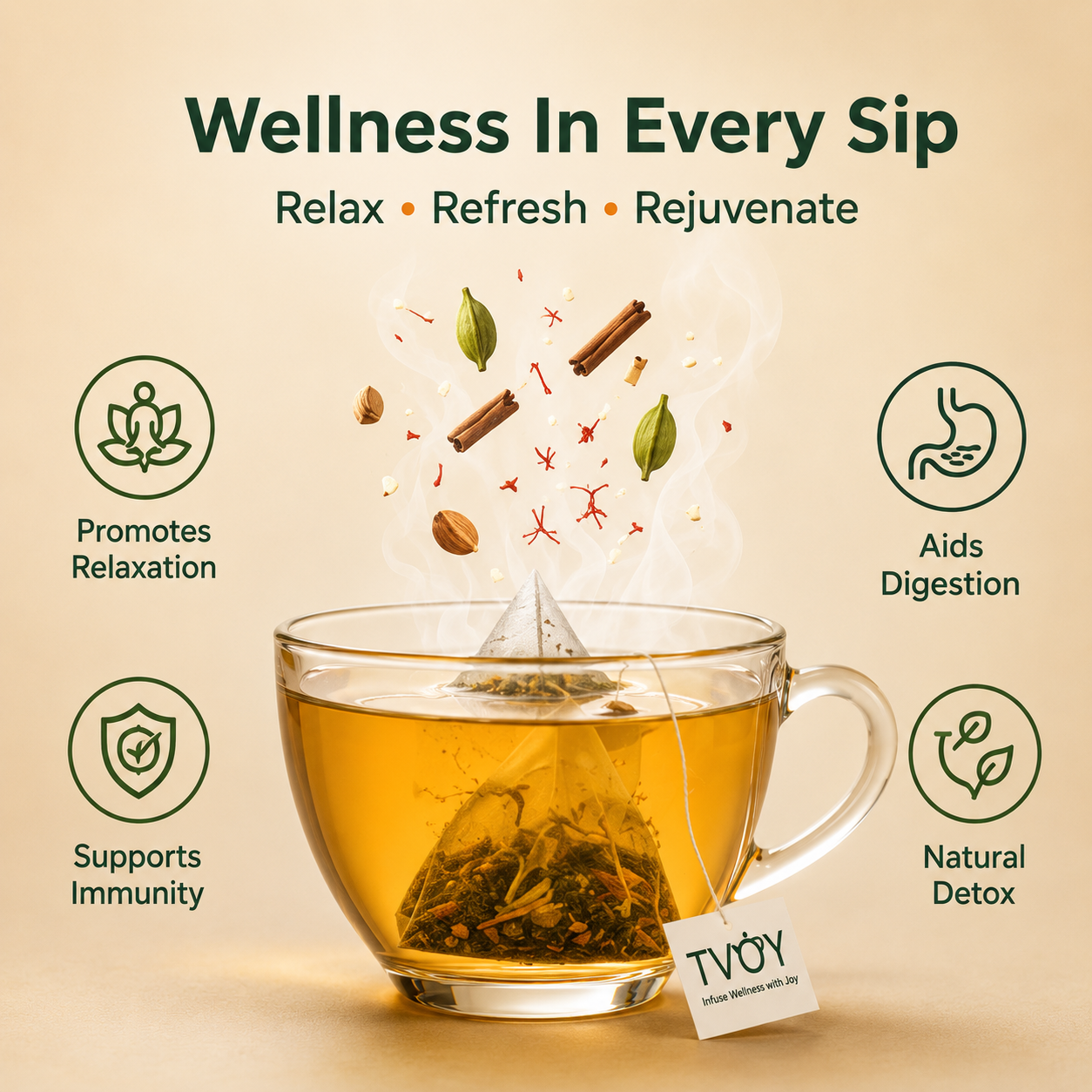 TVOY Kashmiri Kahwa Green Tea with a freshly brewed cup showing rich natural colour