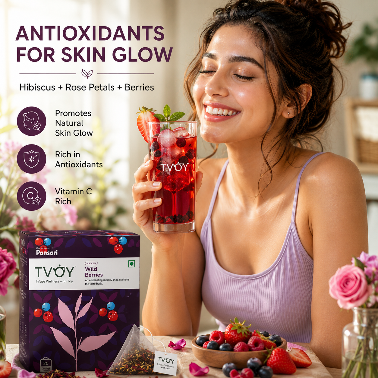 TVOY Wild Berry Hibiscus Tea box front view — premium pyramid tea bags for vitamin C rich hot or iced tea