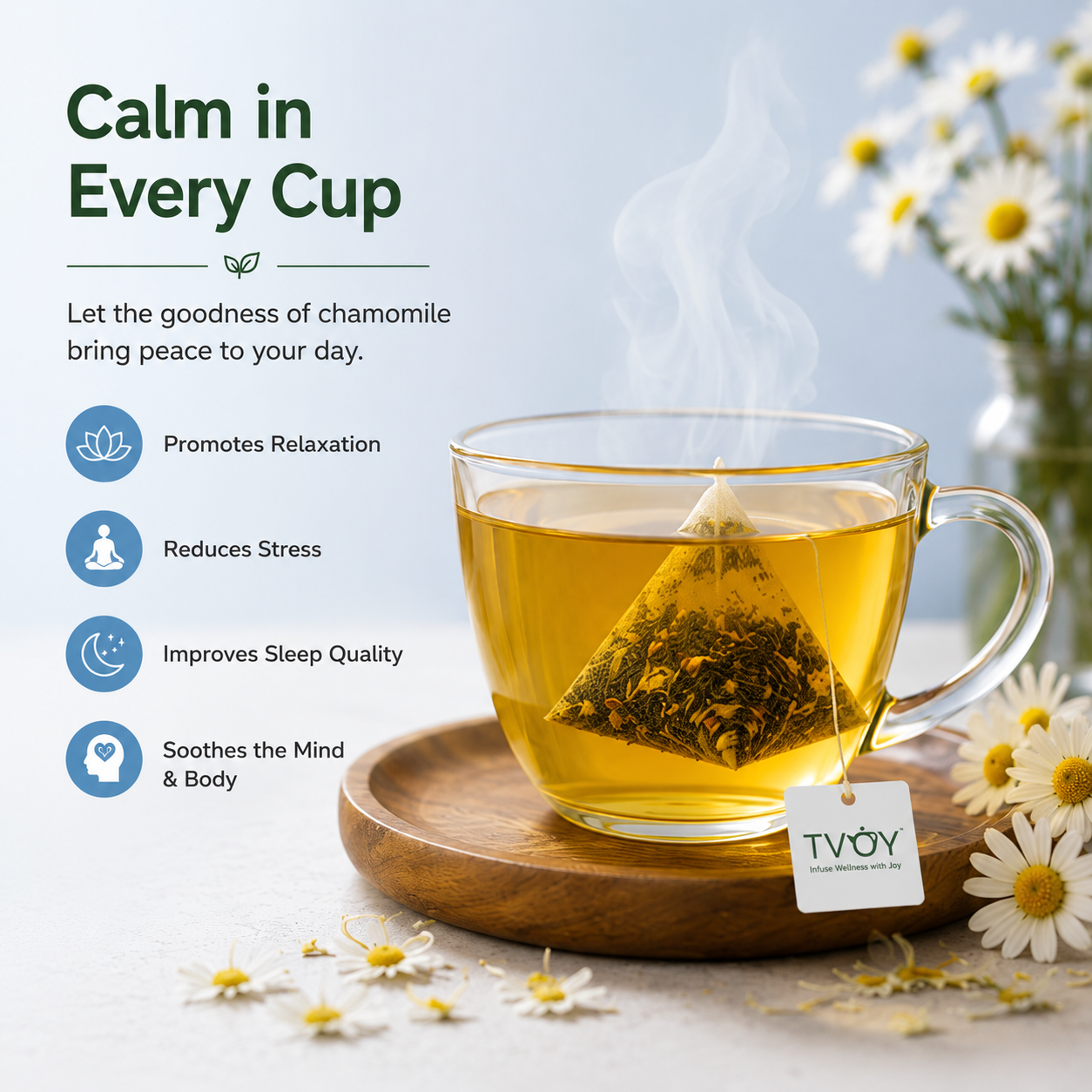 TVOY Chamomile Tea with a freshly brewed cup showing rich natural colour