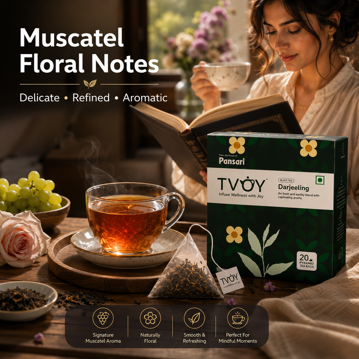 TVOY Darjeeling Black Tea box front view — premium pyramid tea bags for champagne of teas with muscatel notes