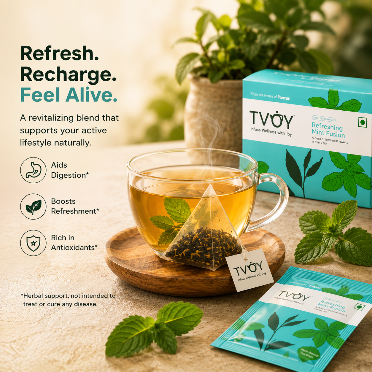 TVOY Mint Green Tea with a freshly brewed cup showing rich natural colour