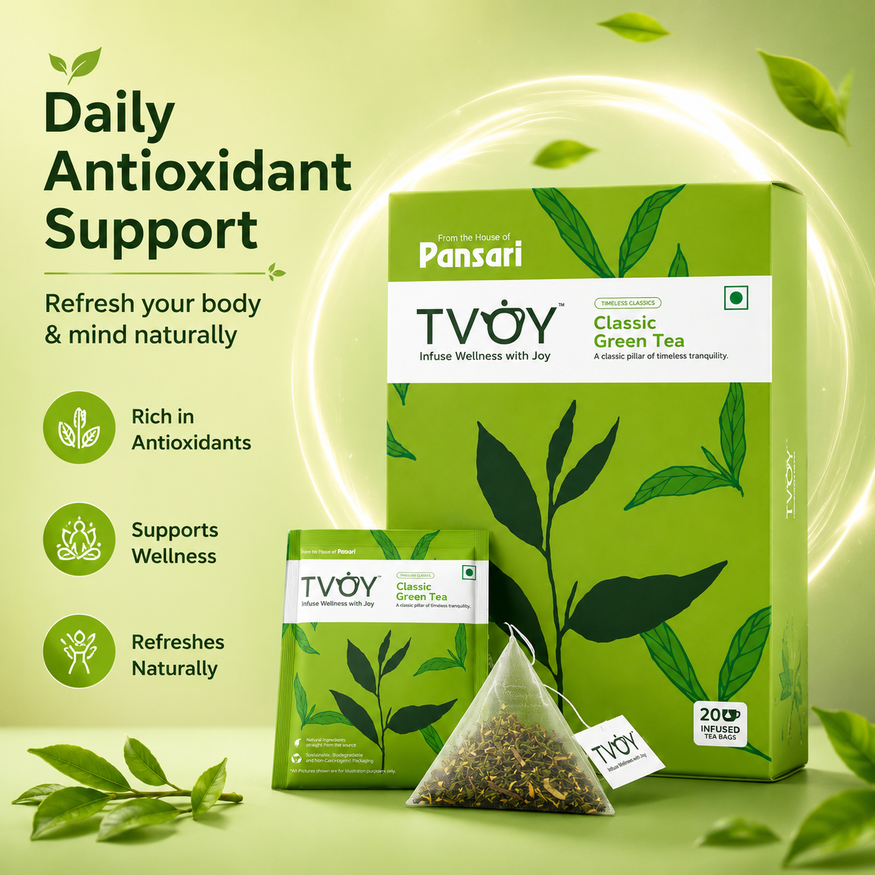TVOY Pure Green Tea box front view — premium pyramid tea bags for weight loss and antioxidants
