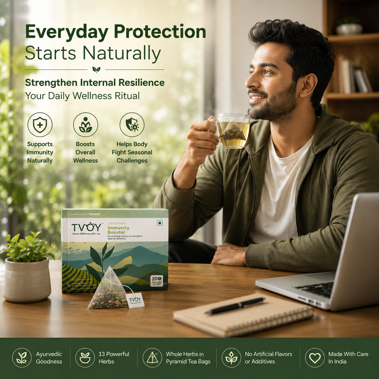 TVOY Immunity Booster Green Tea biodegradable pyramid tea bag close-up — plastic free and eco friendly