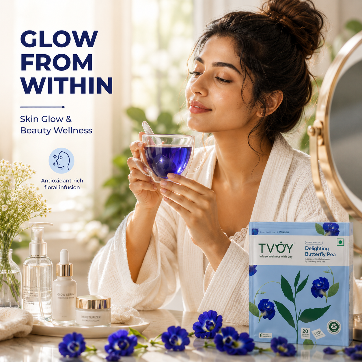 TVOY Butterfly Pea Blue Green Tea for Skin Glow & Hair Growth | Colour Changing | Caffeine Free | 20 Biodegradable Pyramid Tea Bags | No Plastic