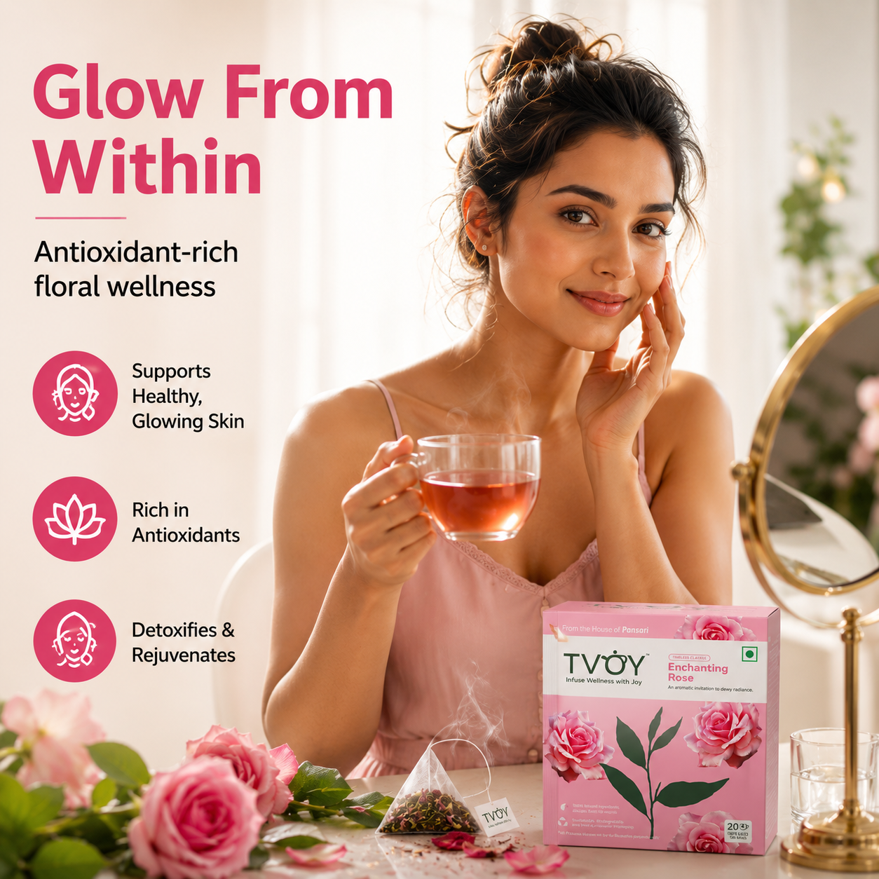 TVOY Rose Green Tea with a freshly brewed cup showing rich natural colour