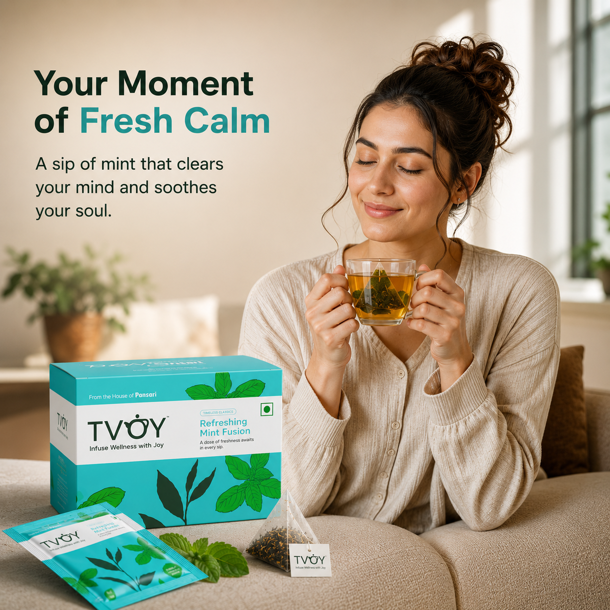 TVOY Mint Green Tea biodegradable pyramid tea bag close-up — plastic free and eco friendly