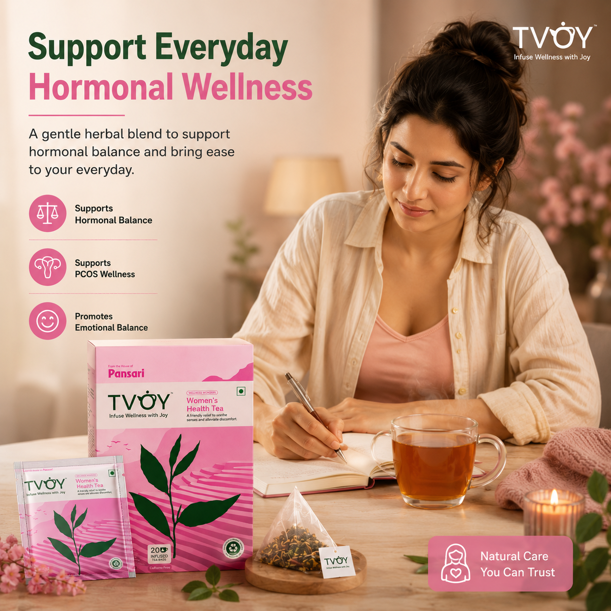 TVOY Period and Hormonal Balance Tea with a freshly brewed cup showing rich natural colour
