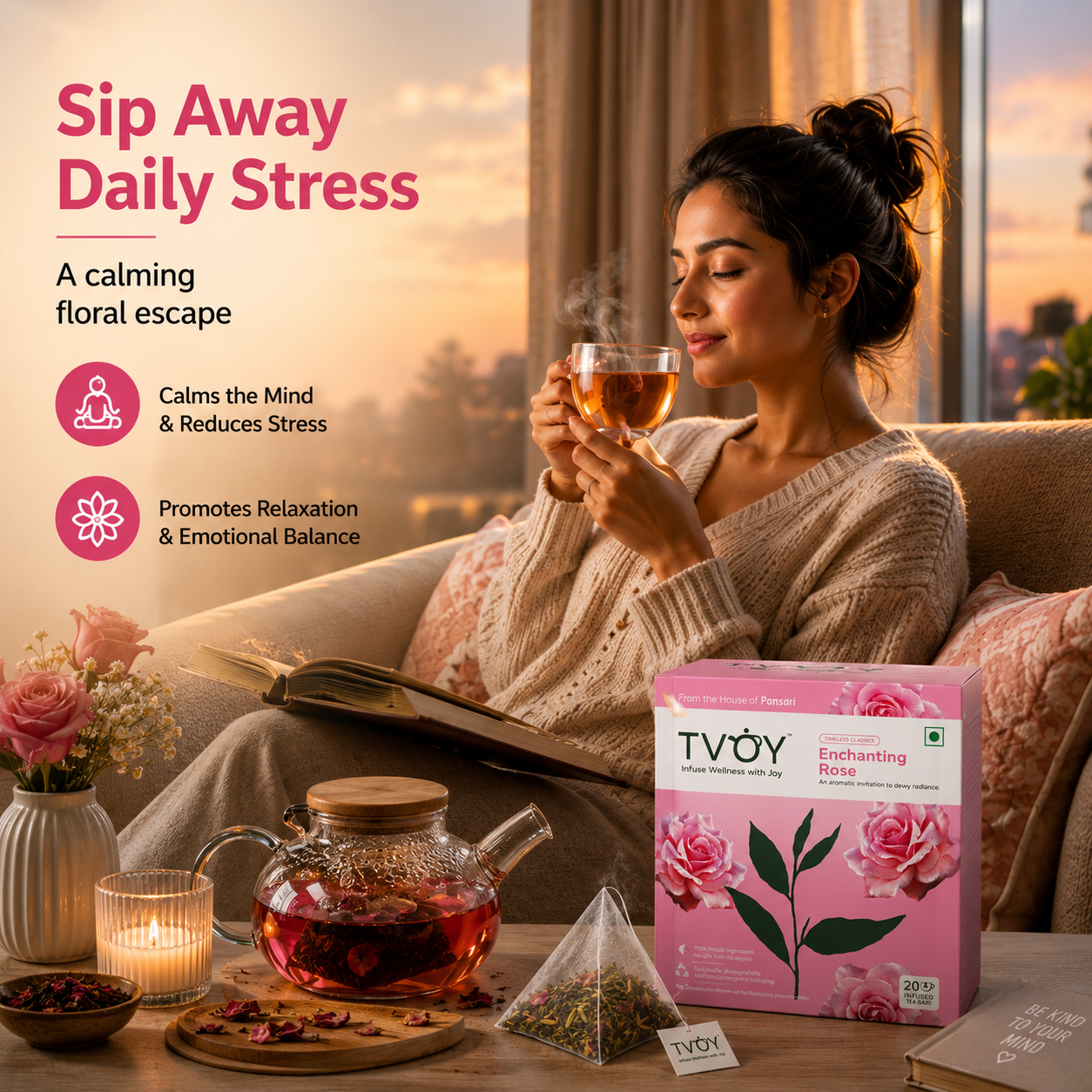 TVOY Rose Green Tea biodegradable pyramid tea bag close-up — plastic free and eco friendly