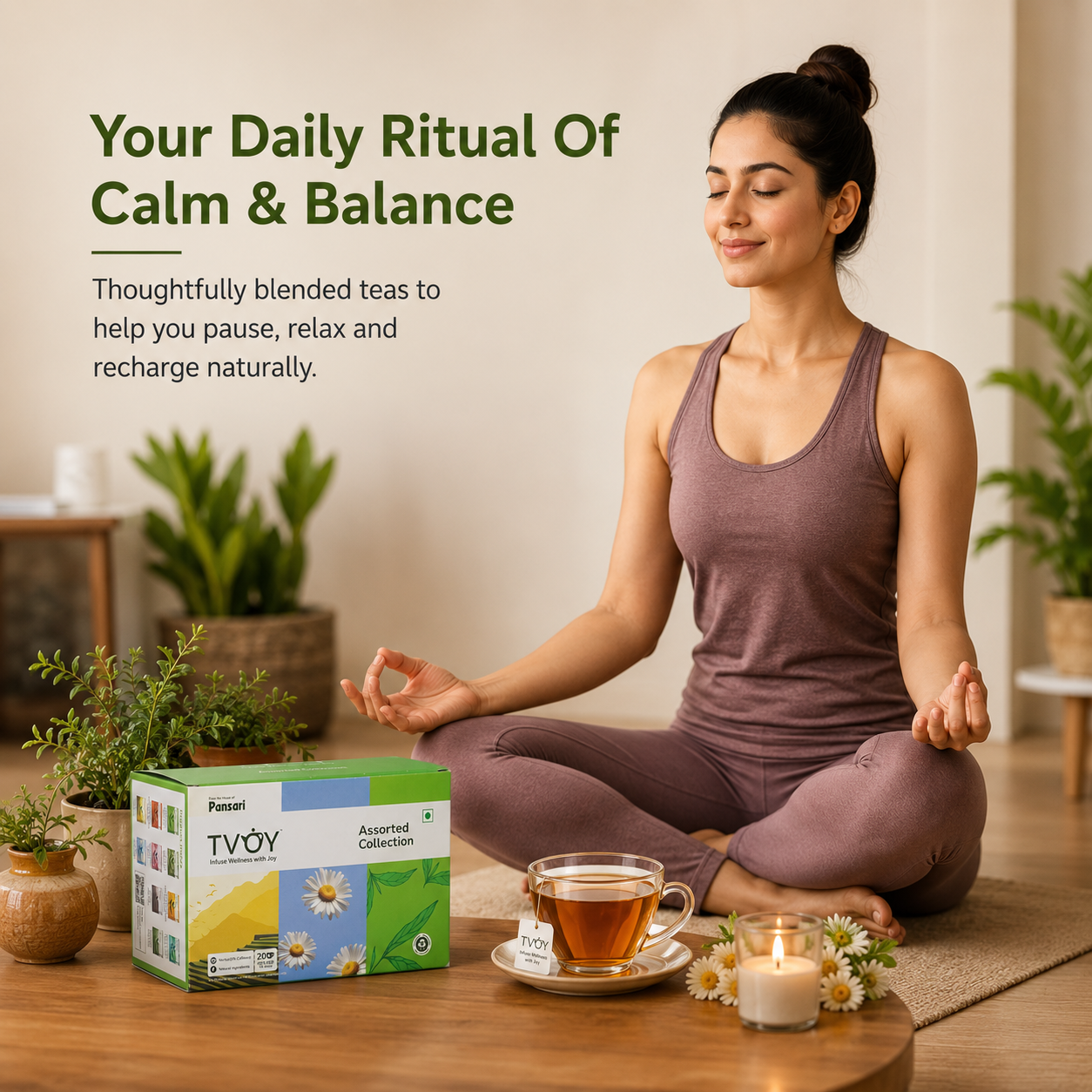 TVOY Wellness Tea Gift Box biodegradable pyramid tea bag close-up — plastic free and eco friendly