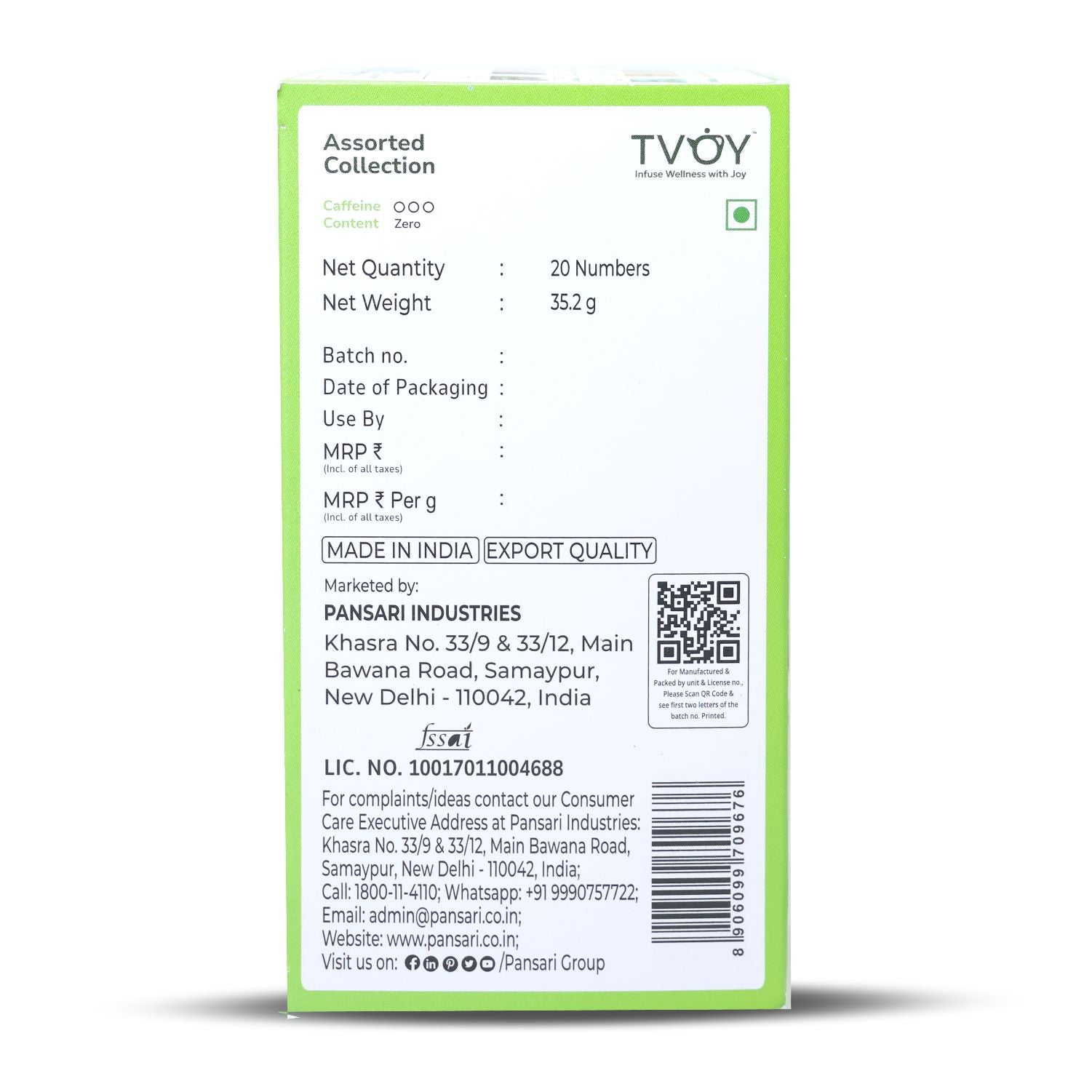 Tvoy Assorted Collection Tea | 20 Biodegradable Tea Bags