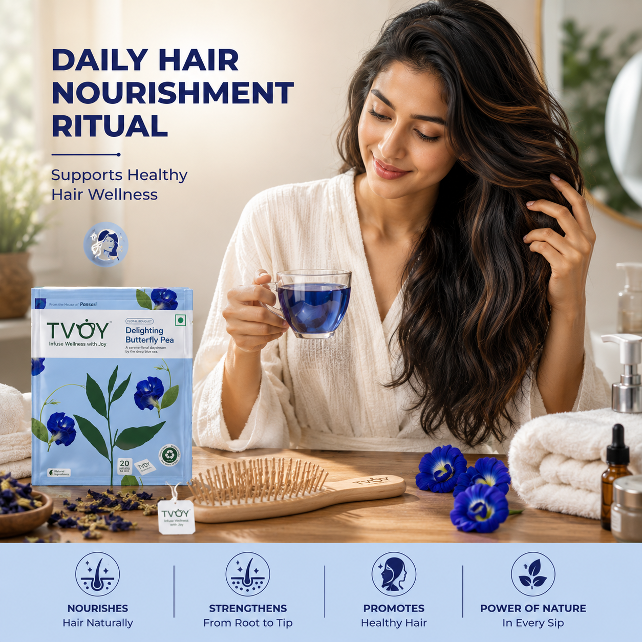 TVOY Butterfly Pea Blue Green Tea with a freshly brewed cup showing rich natural colour