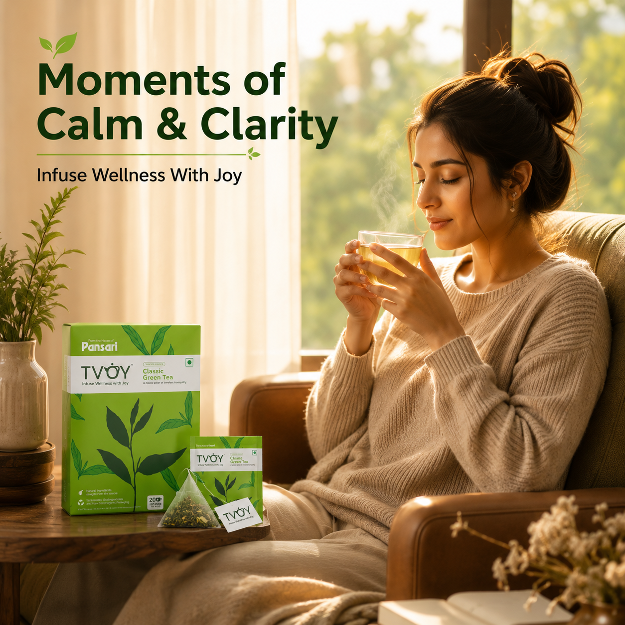 TVOY Pure Green Tea with a freshly brewed cup showing rich natural colour