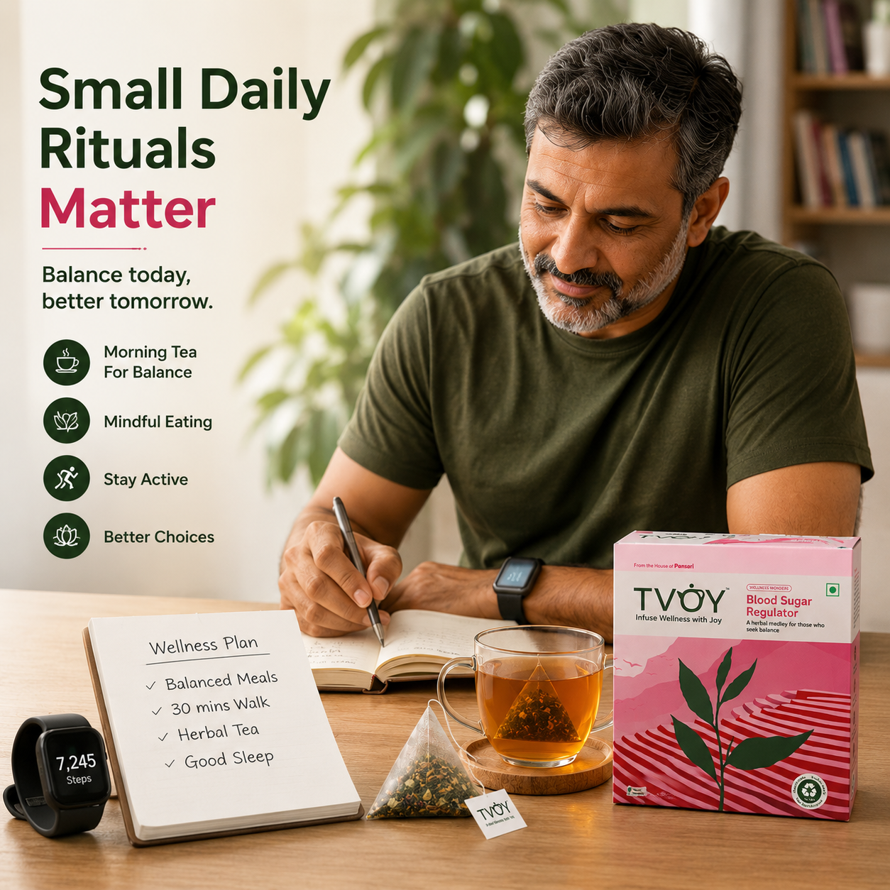 TVOY Blood Sugar Support Tea with a freshly brewed cup showing rich natural colour