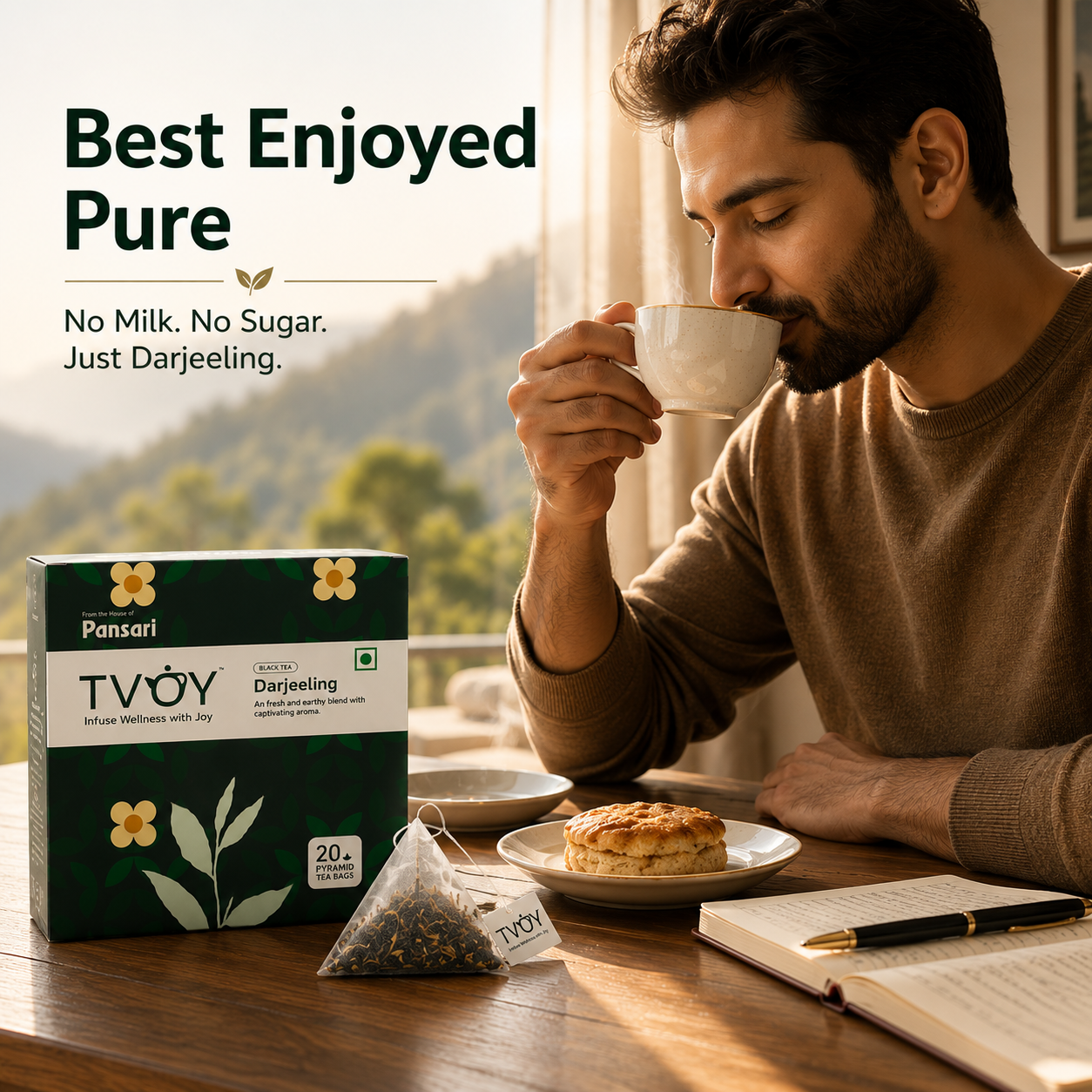 TVOY Darjeeling Black Tea with a freshly brewed cup showing rich natural colour