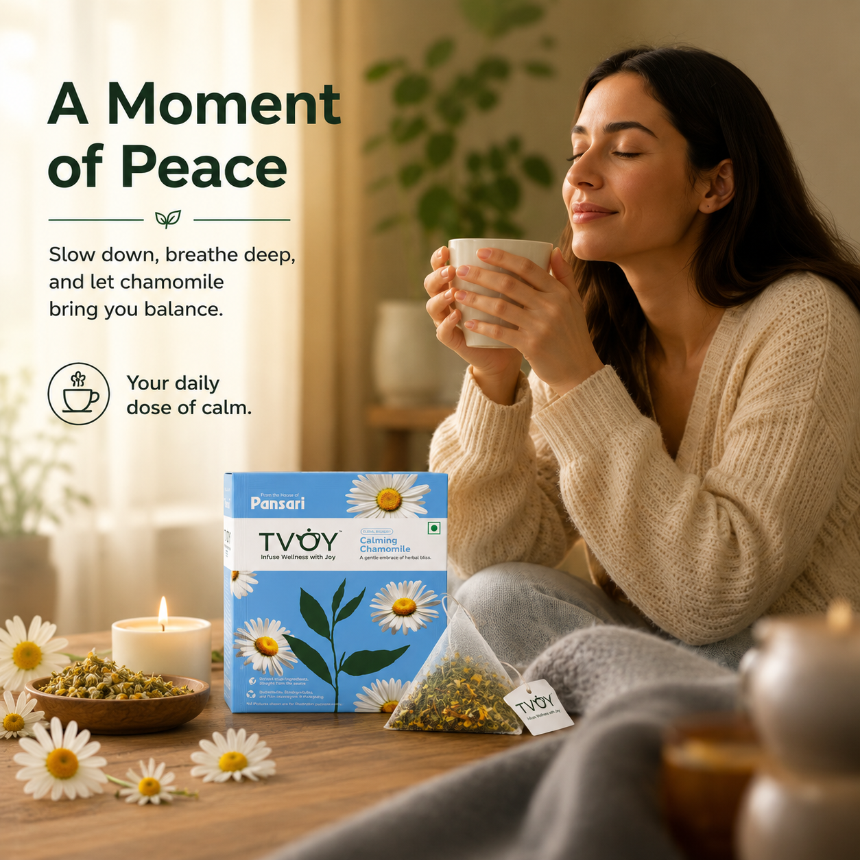 TVOY Chamomile Tea biodegradable pyramid tea bag close-up — plastic free and eco friendly