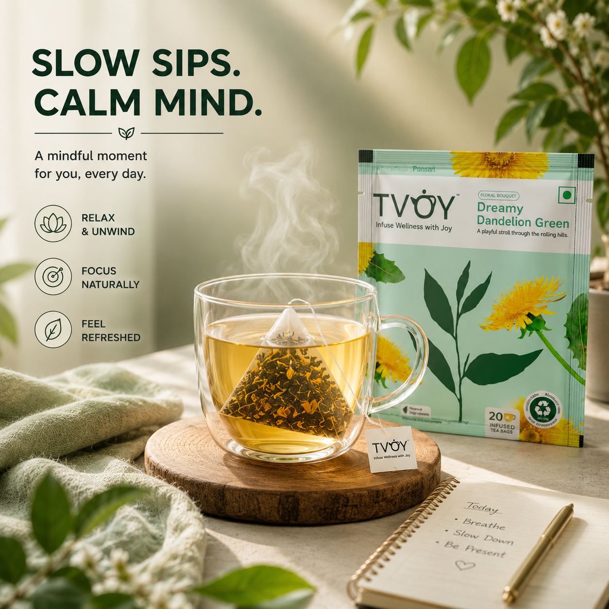 TVOY Liver Detox Tea with a freshly brewed cup showing rich natural colour