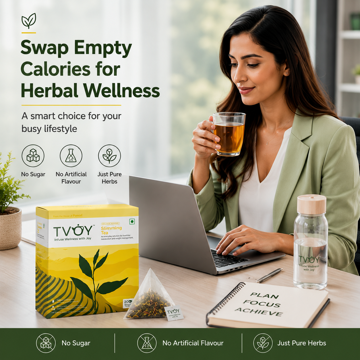 TVOY Slimming Herbal Tea biodegradable pyramid tea bag close-up — plastic free and eco friendly