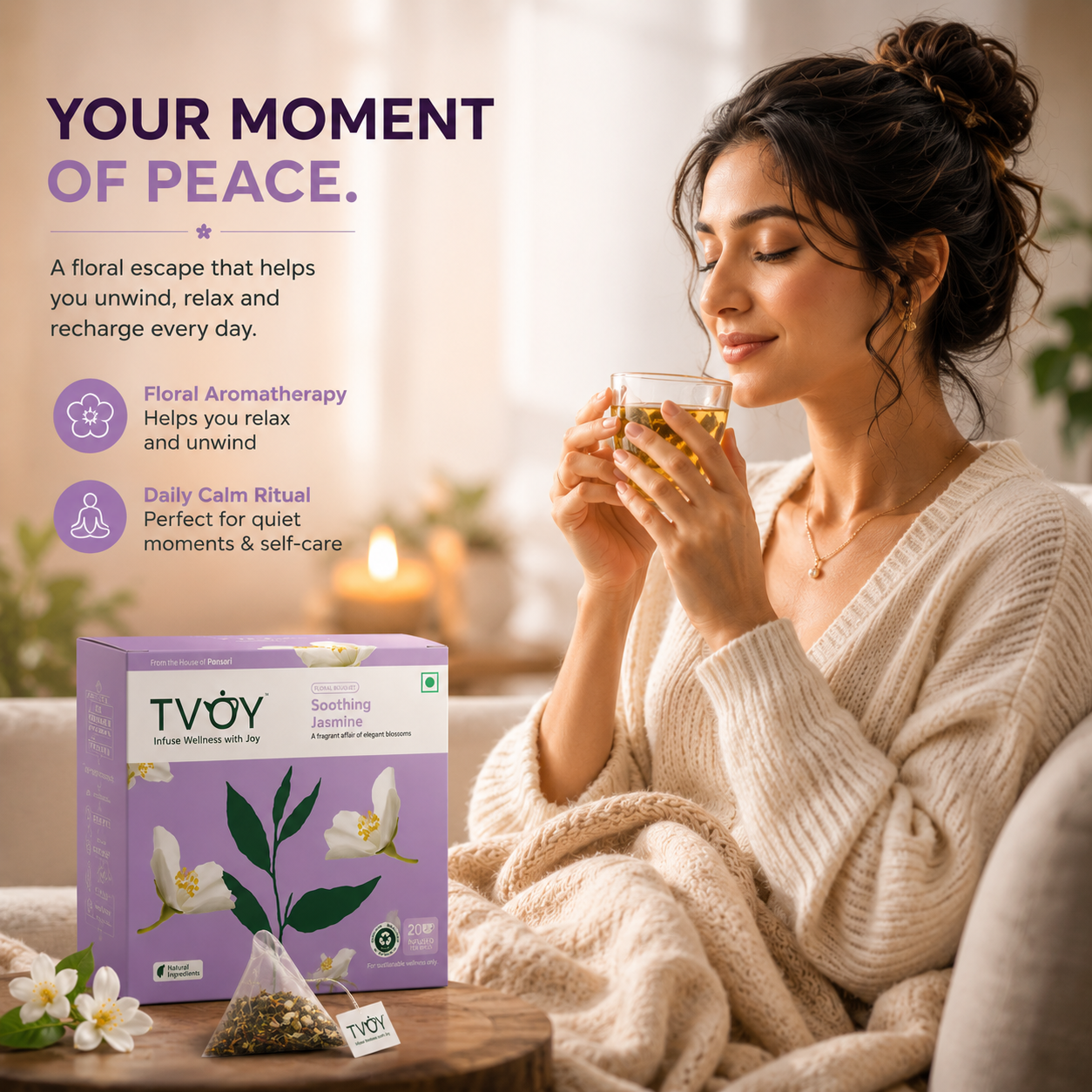 TVOY Jasmine Green Tea with a freshly brewed cup showing rich natural colour